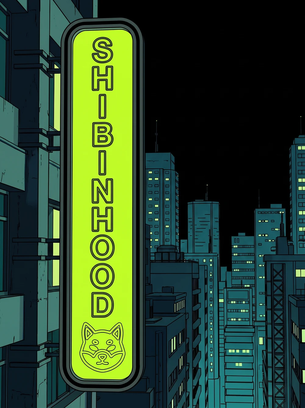 The vertical Shibinhood neon sign on a tower
